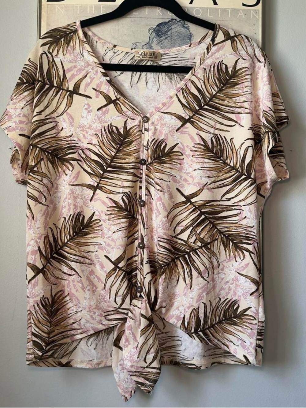 Chic Hawaiian pink & brown tropical palm leaf neutral boho tie front top — L